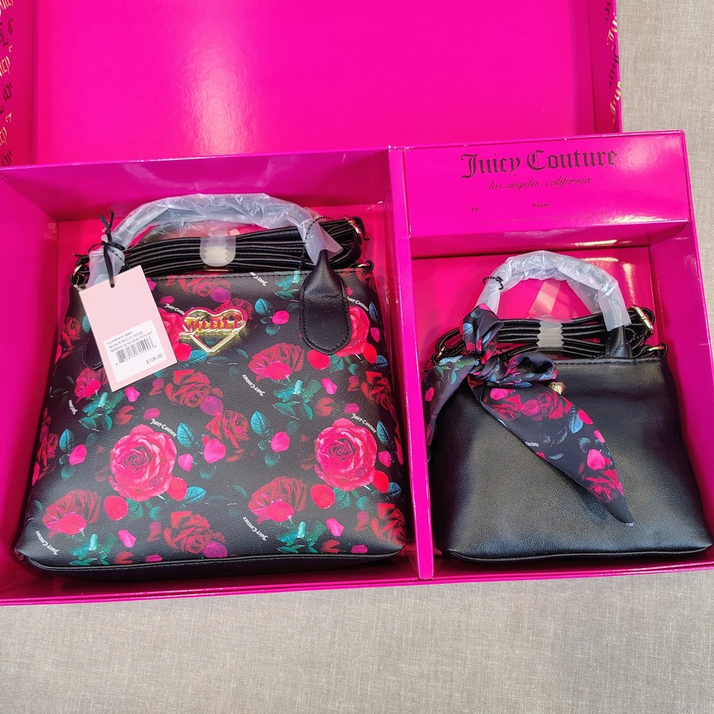 NWT Juicy Couture Womens Mommy & Me Mini Tote Set Black Multi Rose Floral Y2K